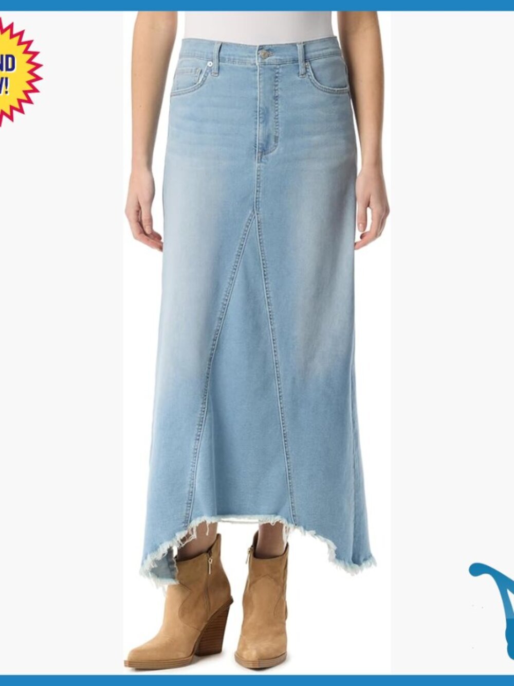 Mid Rise Zip Front Maxi Jean Skirt with 5 Pockets, 35" Length